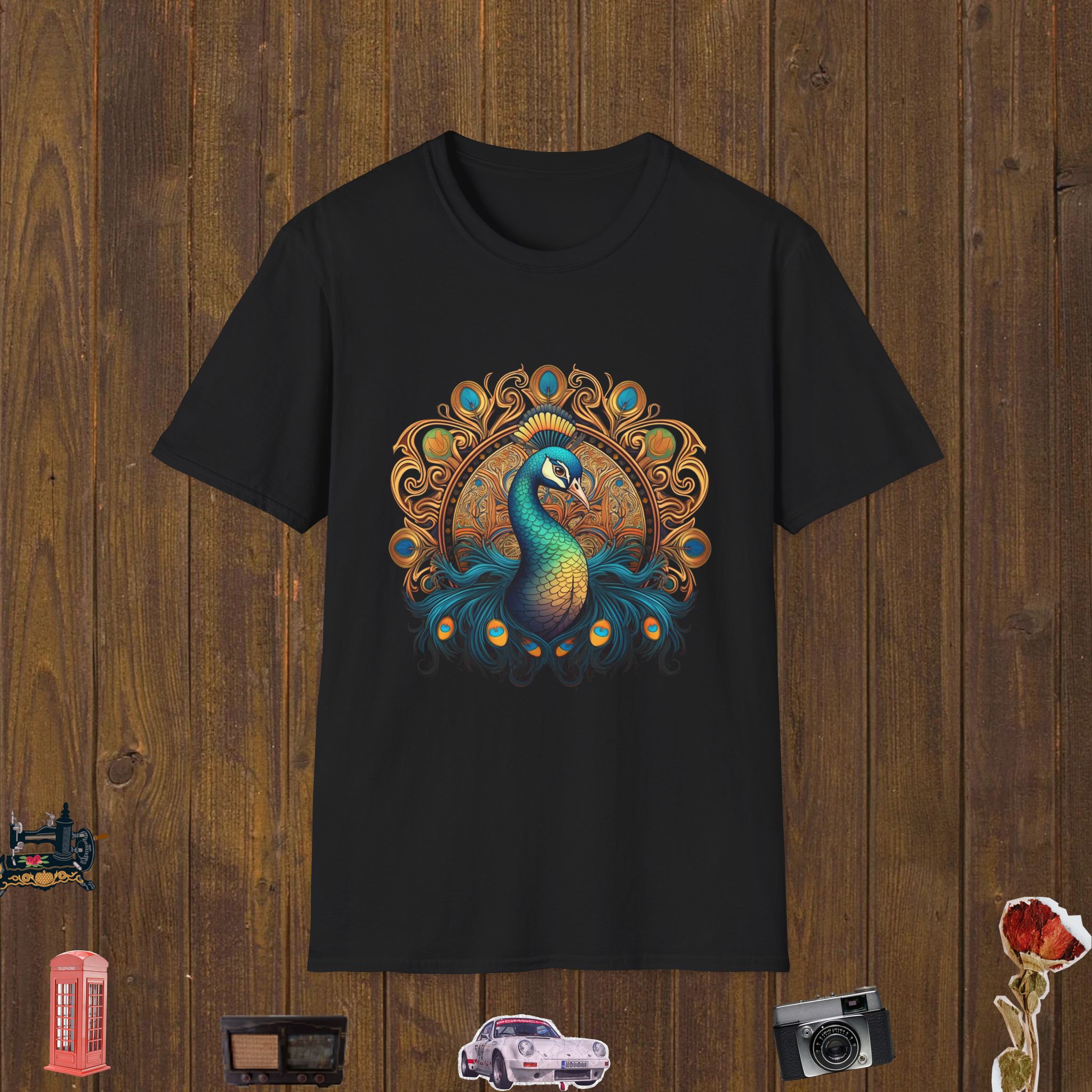 Golden Peacock Elegance – Unisex Softstyle T-Shirt