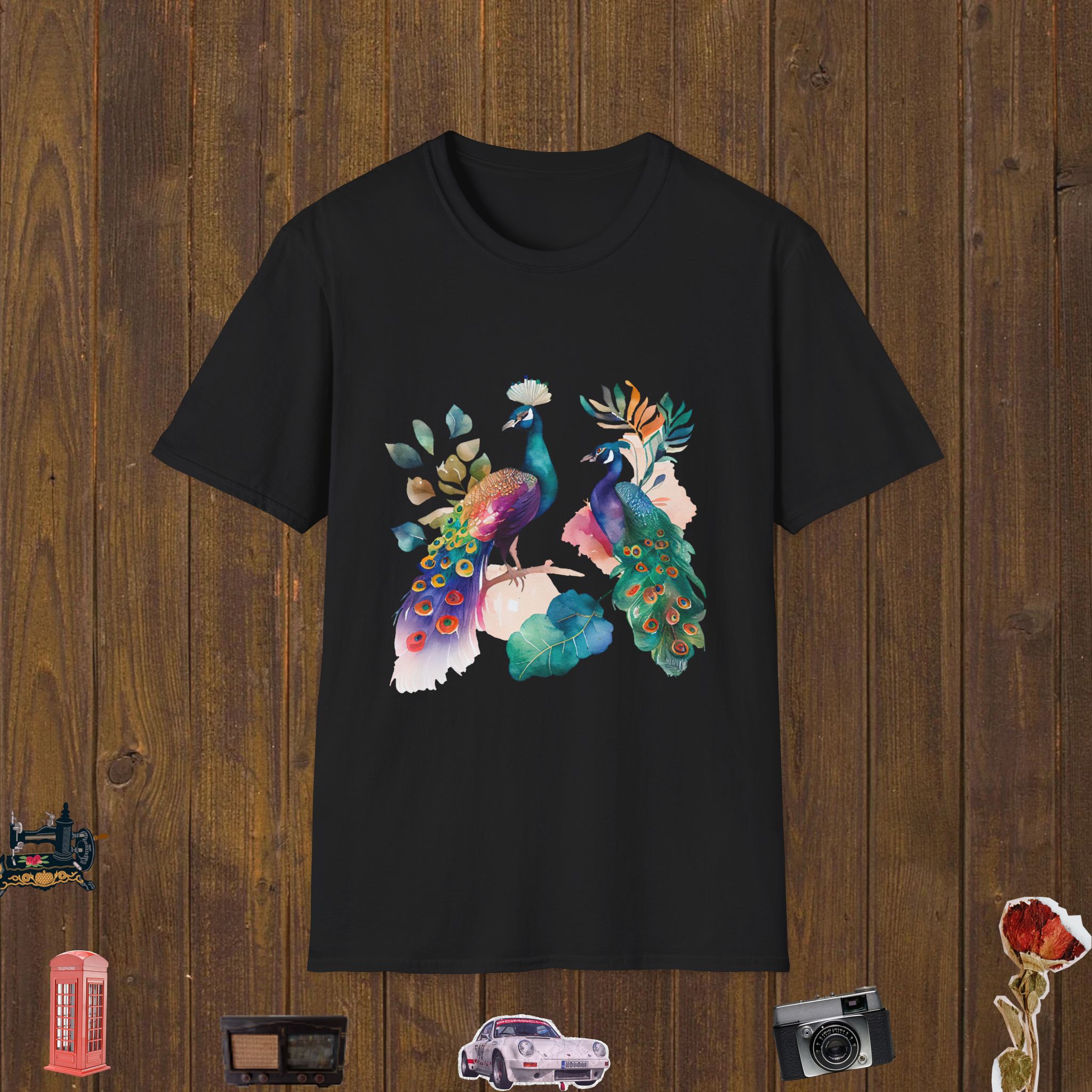 Elegant Peacock Pair Unisex Softstyle T-Shirt