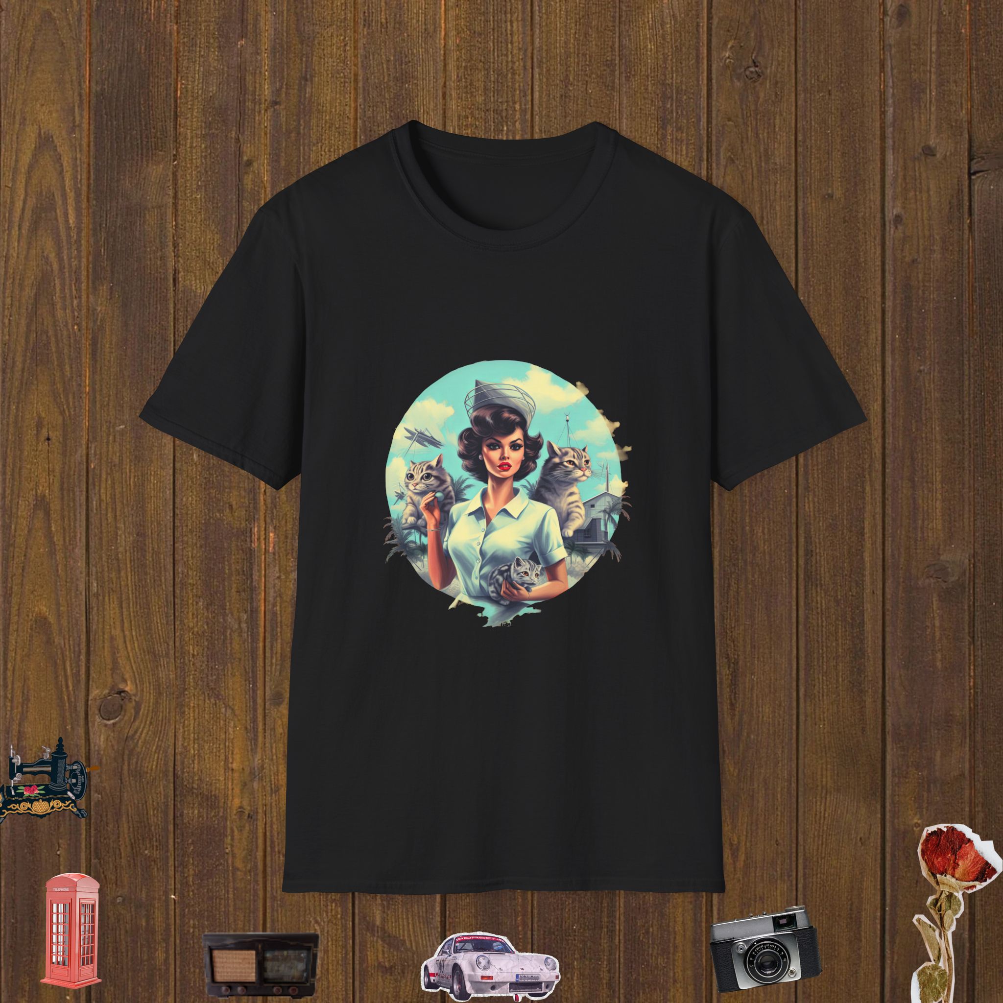 Retro Nurse & Cats Unisex Softstyle T-Shirt