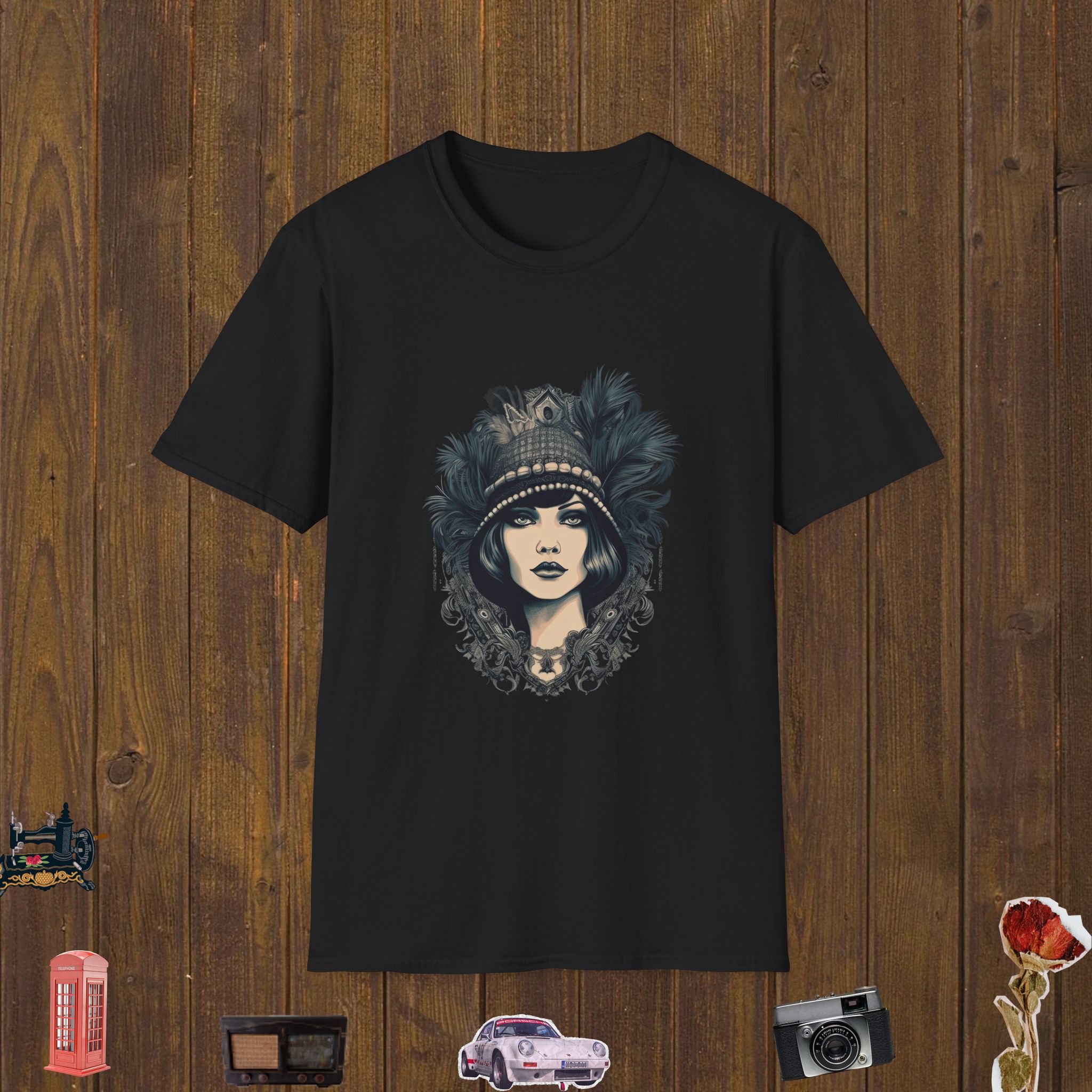 Monochrome Flapper Elegance – Unisex Softstyle T-Shirt