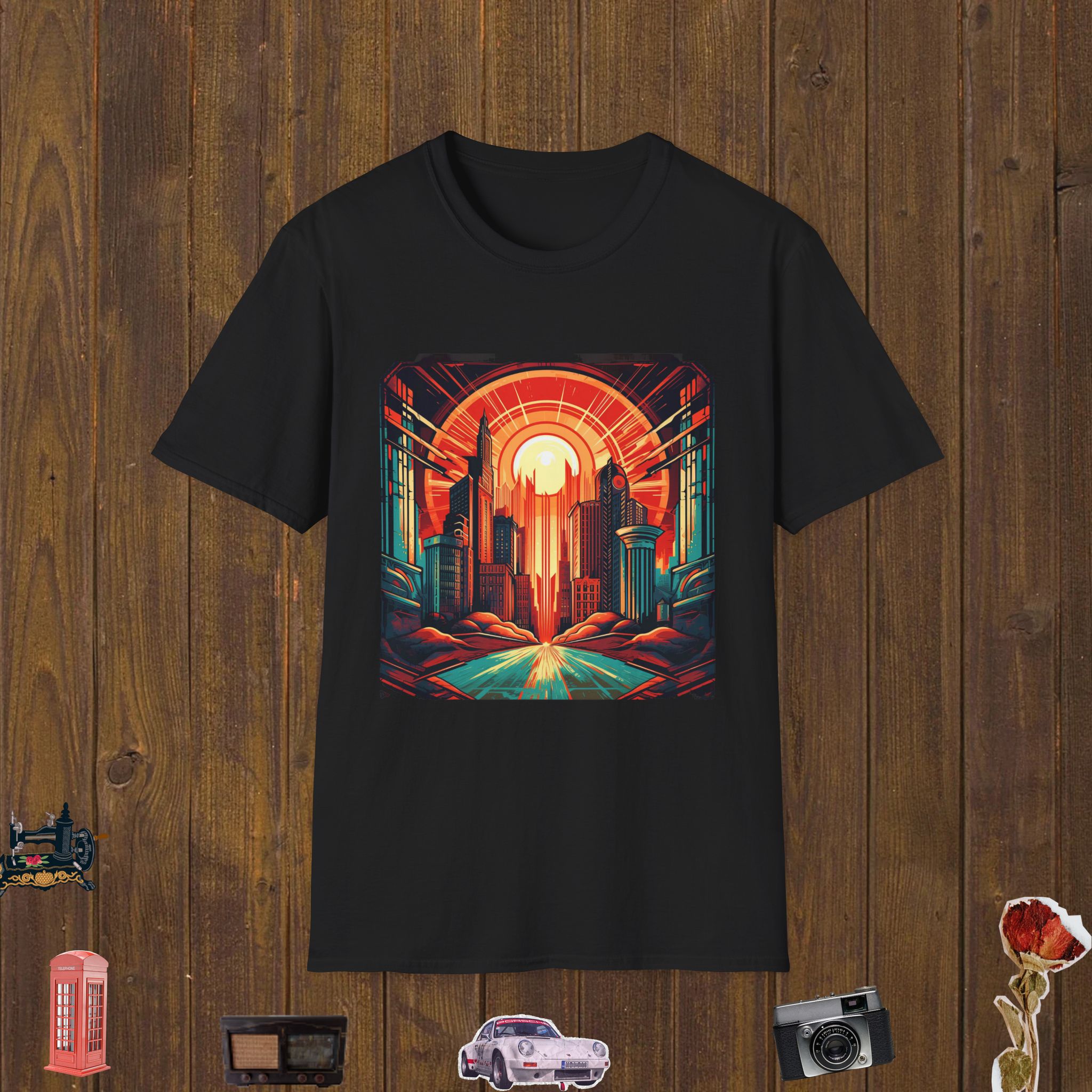 Retro Futuristic Cityscape Unisex Softstyle T-Shirt