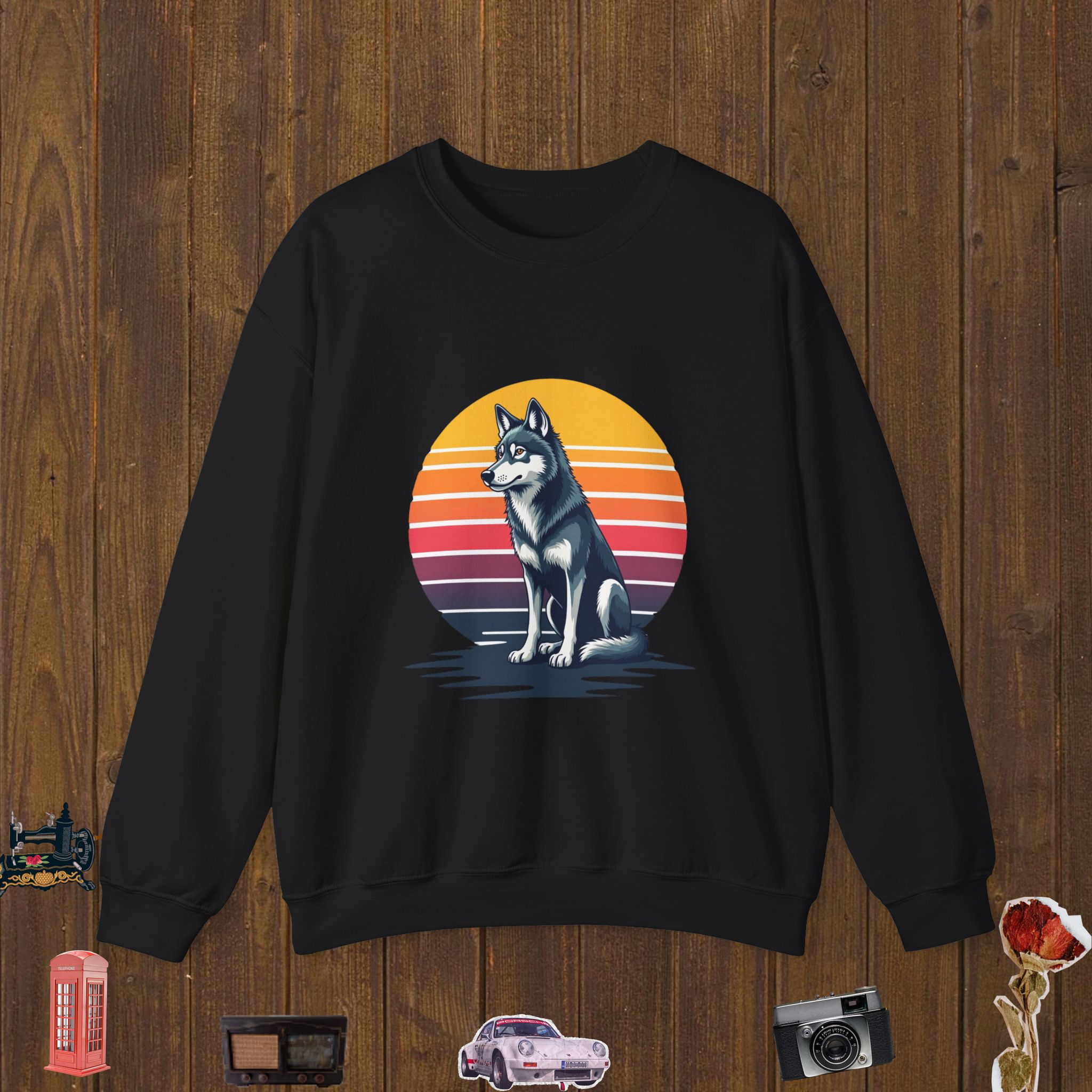 Sunset Retro Wolf Unisex Crewneck Sweatshirt